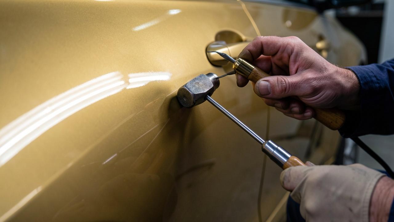 Técnico aplicando martelinho de ouro (PDR) em painel lateral dourado