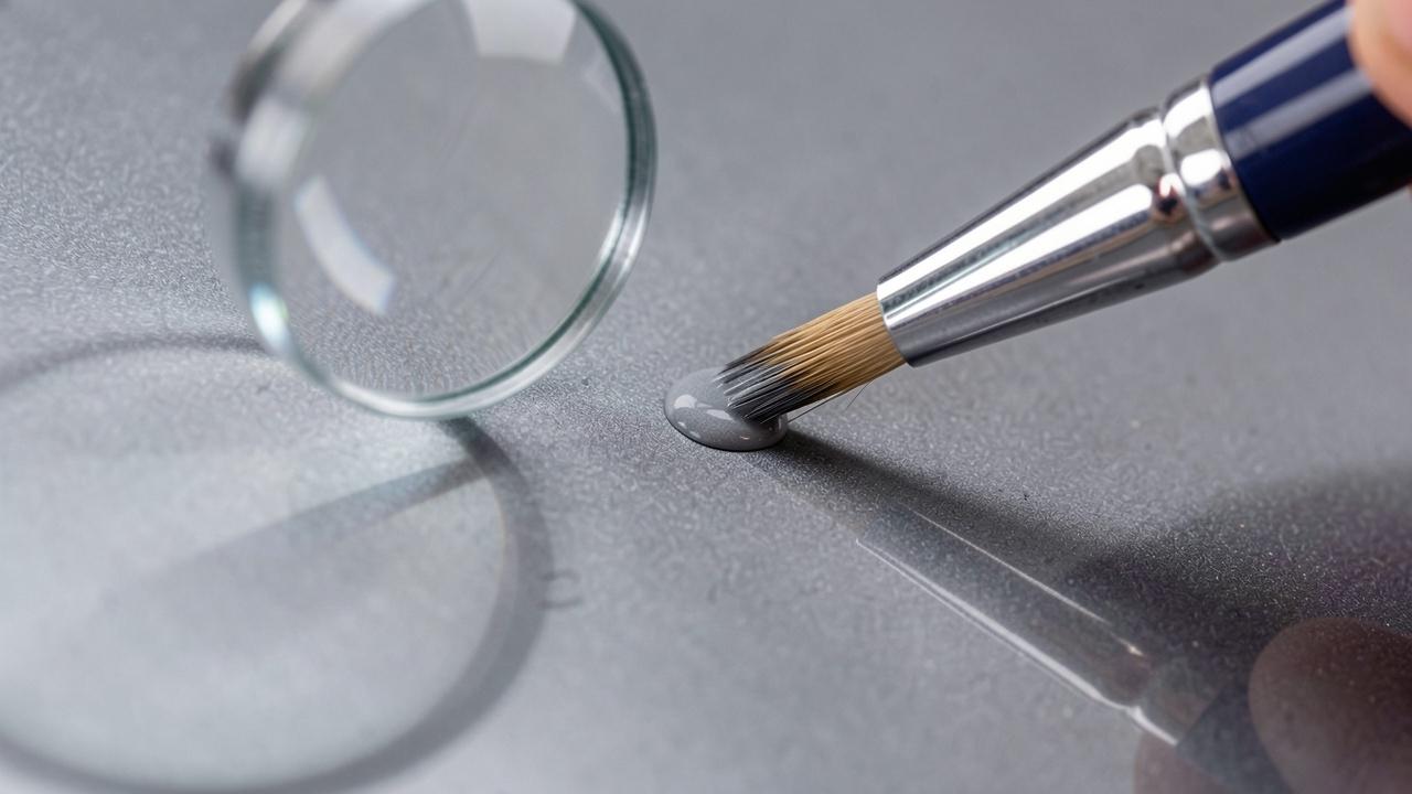 Micro pintura: pincel fino aplicando tinta em chip metálico com lupa