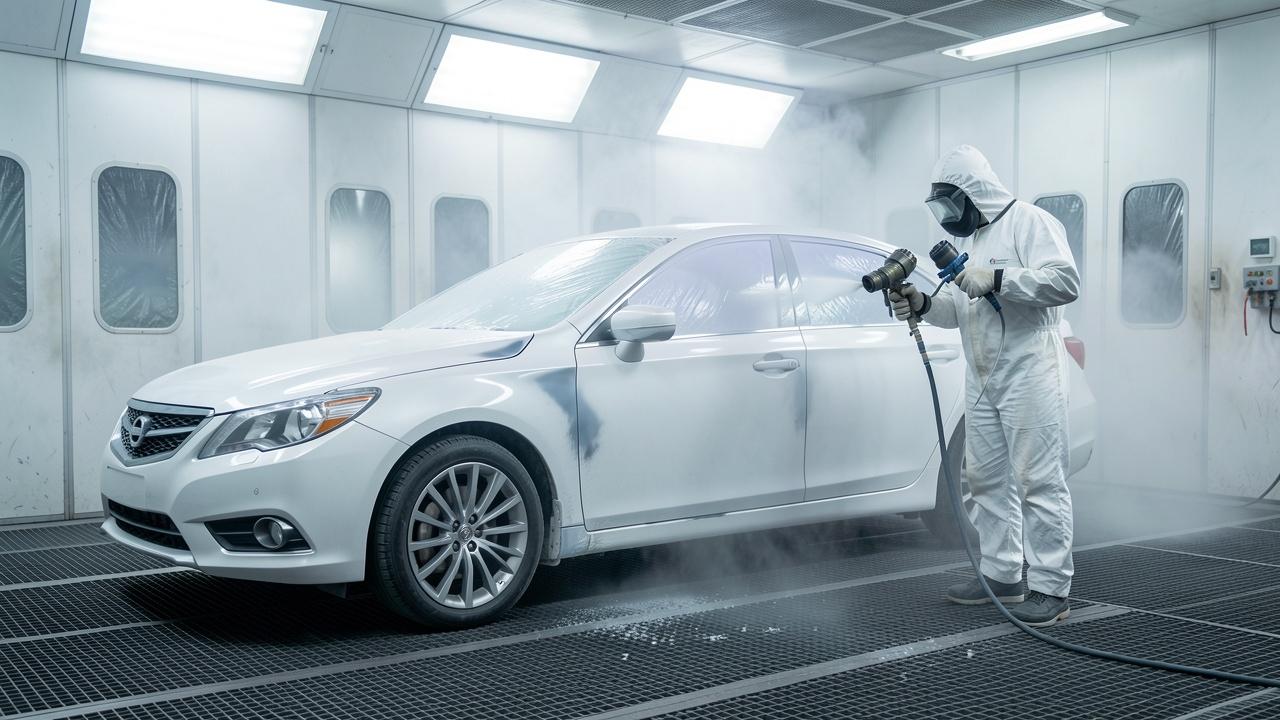 Sedan branco em cabine de pintura — reparo localizado com primer cinza visível