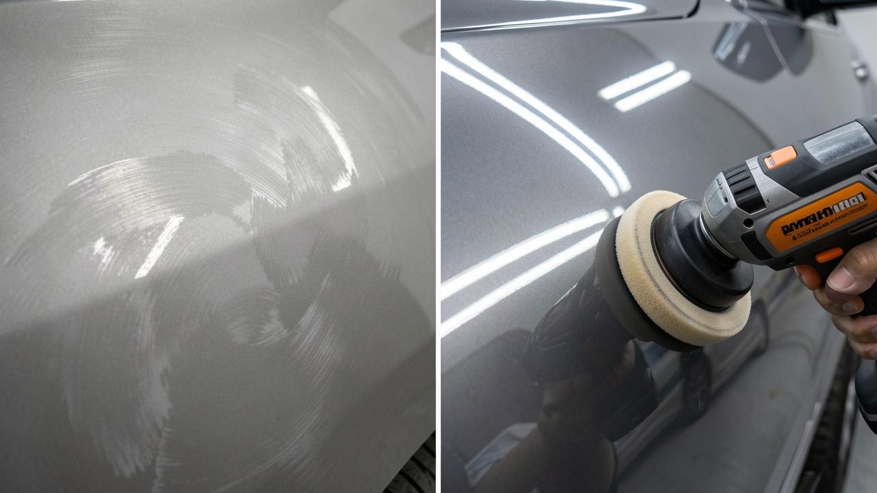 Antes e depois do polimento: hologramas/marcas de boina (esquerda) vs reflexo espelhado (direita)