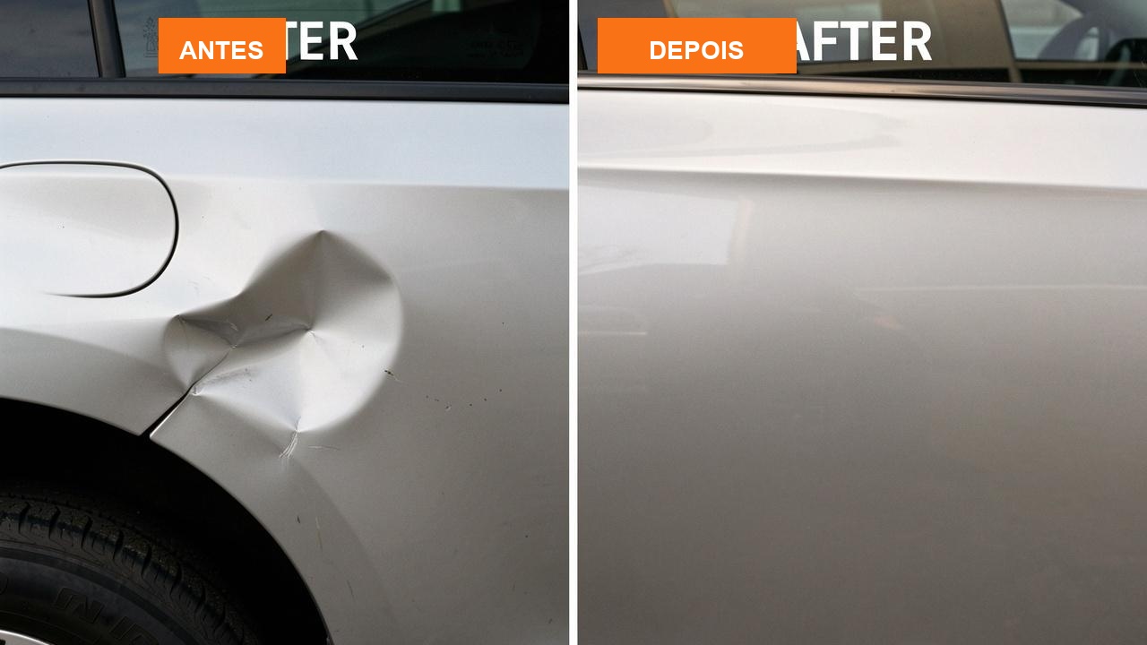 Antes e depois: amassado profundo em lateral traseira prata (esquerda) e reparado (direita)